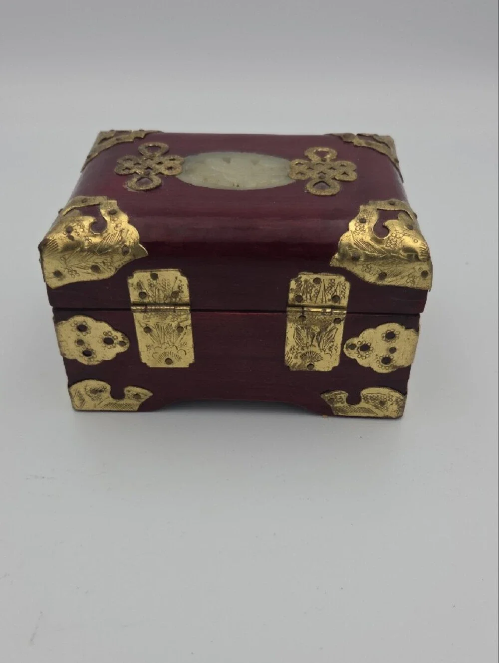 Ornate Red Decorative Jewelry Box with Brass Accents